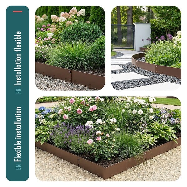 VOUNOT - Lot de 5 Bordures de jardin acier galvanise avec pointes ancrages 106x18cm marron - large