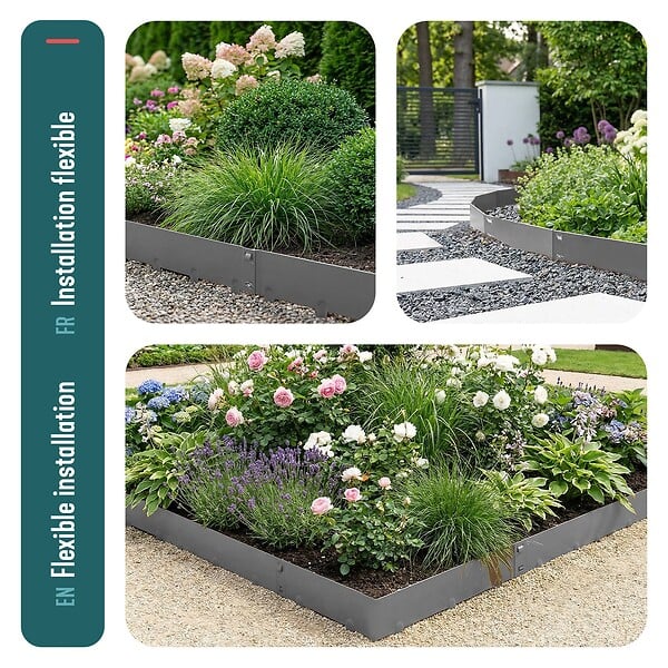 VOUNOT - Lot de 5 Bordures de jardin acier galvanise avec pointes ancrages 106x18cm gris - large
