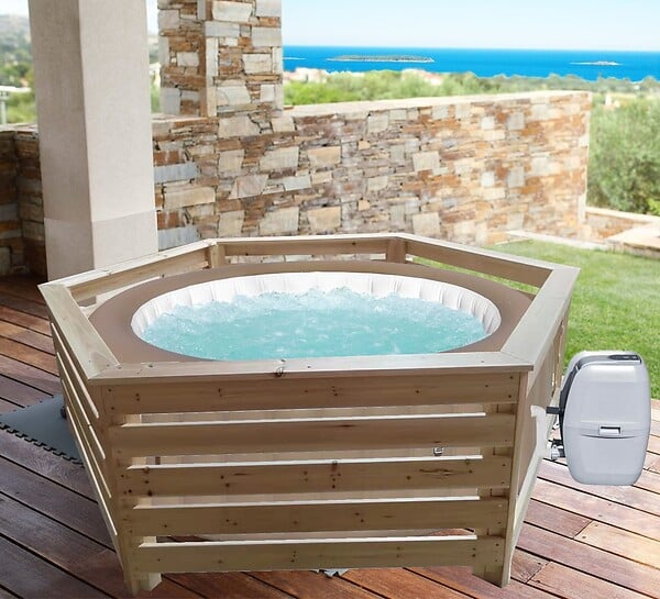 HABRITA - Habillage bois hexagonal - 2,35 x 1,84 x 0,71 m  - spas et piscines - large
