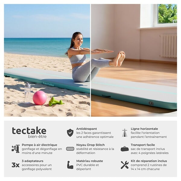 TECTAKE - Tapis Airtrack gonflable AirFlexy avec pompe à air électrique gris/bleu - large