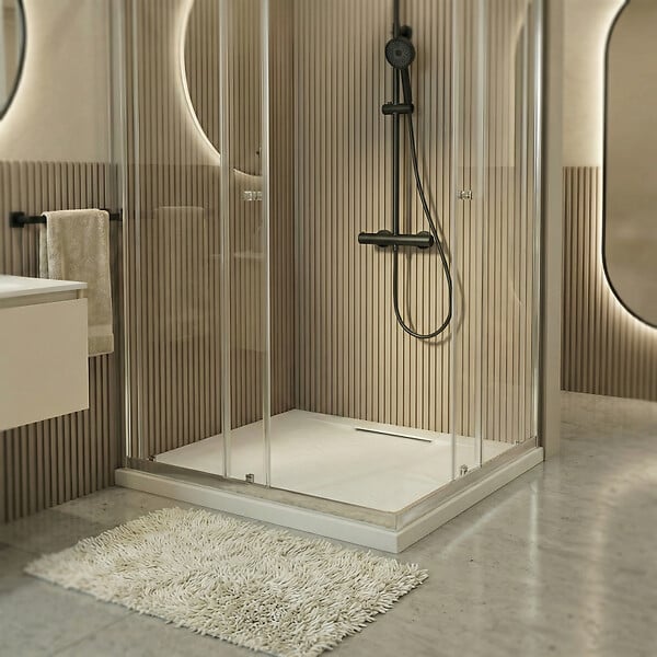 CERAMIA - PixL 90x90 cm receveur de douche carré à poser en résine composite avec surface effet pierre, blanc (CERAPX9090W) : - large
