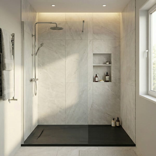 CERAMIA - PixL 120x90 cm receveur de douche rectangulaire à poser en résine composite, surface effet pierre, noir (CERAPX12090B) - large