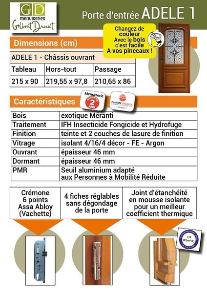 GD MENUISERIES - Porte d'entrée Bois Vitrée Adele, H215 x L90 cm Côte Tableau p. Gauche - large