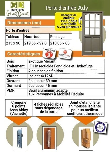 GD MENUISERIES - Porte d'entrée Bois Vitrée Ady, Vert Gris Olive, H215 x L90 cm Côte Tableau, p.Droit - large