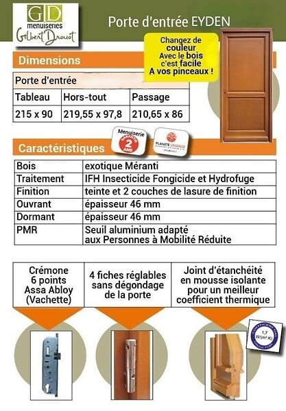 GD MENUISERIES - Porte d'entrée Bois Pleine Eyden, H215 x L90 cm Côte Tableau p.Gauche - large