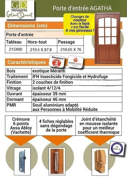 GD MENUISERIES - Porte d'entrée Bois Vitrée Agatha, H215 x L80 cm Côte Tableau p.Gauche - large