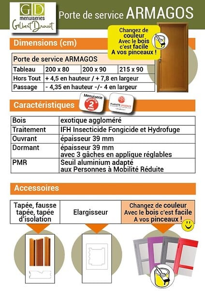GD MENUISERIES - Porte De Service Bois pleine Armagos, H200 x L90 Côte Tableau, p.Gauche (Poignée, Barillet ref 01245F924) - large