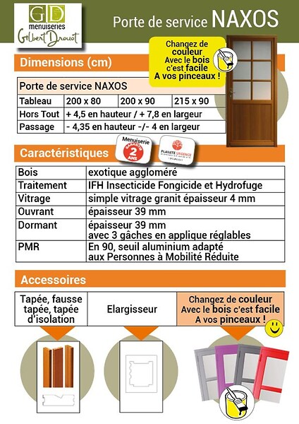 GD MENUISERIES - Porte De Service Bois Vitrée Naxos, H215 x L90 Côte Tableau, p.Gauche (Poignée, Barillet ref 01245F924) - large