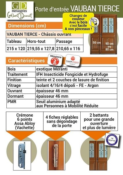 GD MENUISERIES - Porte d'entrée Bois Tiercée Vitrée Vauban H215 x L120 Côte Tableau, p.Droit (Poignée, Barillet ref 010403RFP) - large