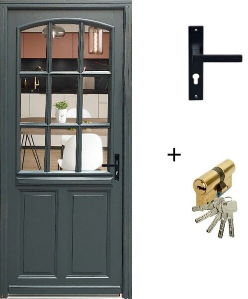GD MENUISERIES - Porte d'entrée Bois Vitrée Alexa Gris Anthr., H215 x L90 cm Côte Tableau p.Gauche (Poignée, Barillet ref 010723NO) - large
