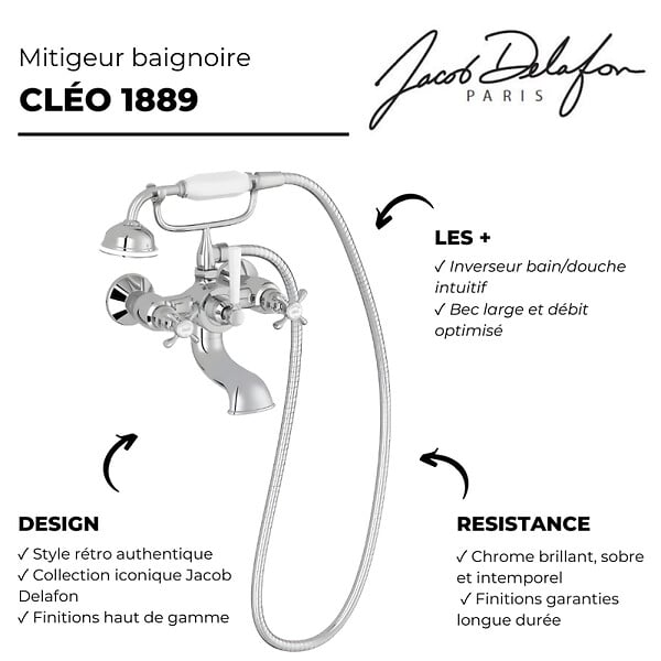JACOB DELAFON - Mélangeur baignoire Cléo 1889 avec pommeau douche Chromé - large