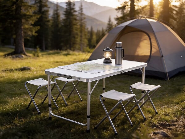 HABITAT ET JARDIN - Ensembe table de camping et 4 tabourets pliants - 125 x 60 cm - Blanc - large