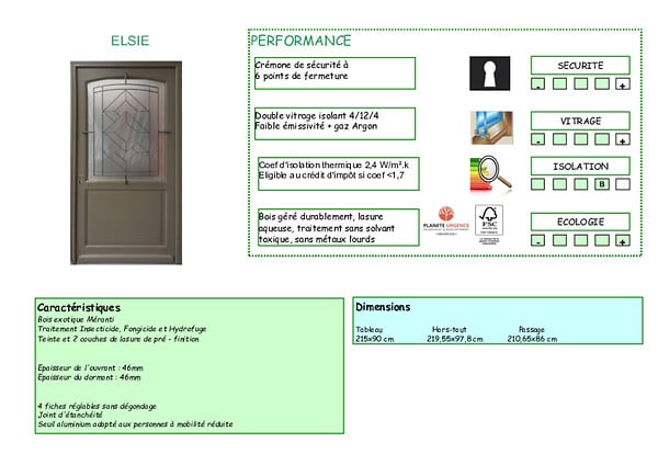 GD MENUISERIES - Porte d'entrée Bois Vitrée Elsie, Vert Gris Olive, H215 x L90 cm Côte Tableau p.Droit (Poignée, Barillet ref N158RPL -IN158RCI) - large