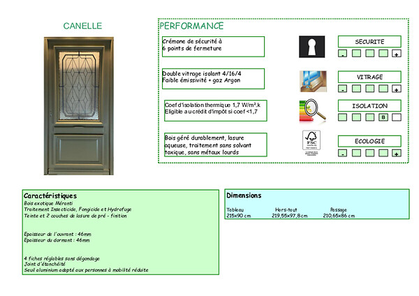 GD MENUISERIES - Porte d'entrée Bois Vitrée Canelle Vert Gris Olive, H215 x L90 cm Côte Tableau, p,Droit - large