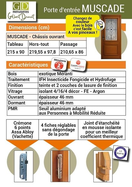 GD MENUISERIES - Porte d'entrée Bois Vitrée Candice Gris Anthr, H215 x L90 cm p,Droit Côte Tableau - large