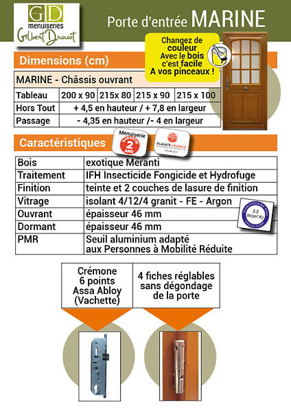 GD MENUISERIES - Porte d'entrée Bois Vitrée Marine, H215 x L90 cm Côte Tableau p.Droit - large