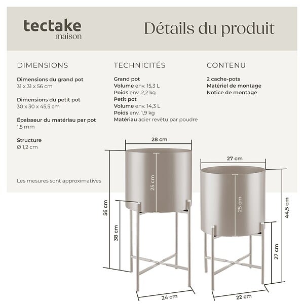 TECTAKE - Support de plantes MINE en acier revêtu par poudre taupe - large