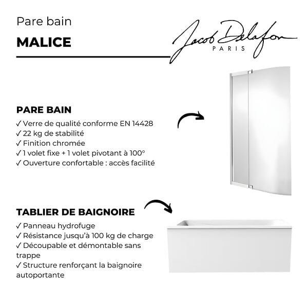 JACOB DELAFON - Tablier bain compatible toutes baignoires rectangulaires, installation angle, 180x90x60cm, Blanc + Pare bain Malice Jacob Delafon - large
