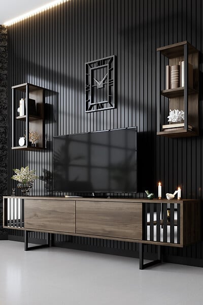 HABITAT ET JARDIN - Meuble TV en bois "Chrome Line" - 180 x 30 x 48 cm - NoyerNoir - large