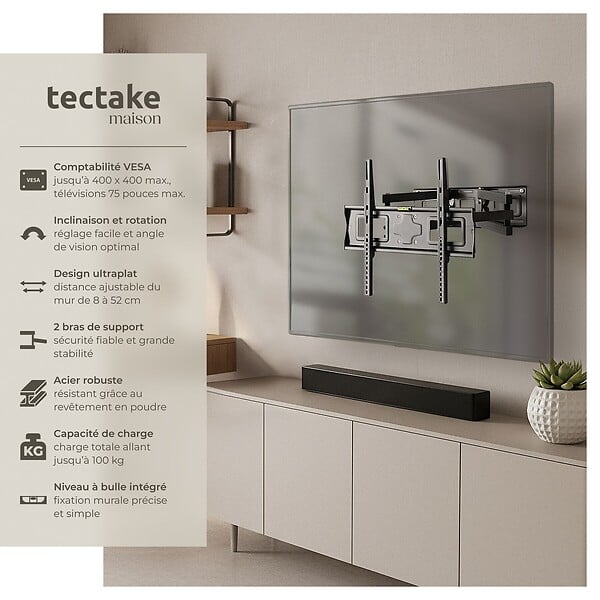 TECTAKE - Support mural TV 26"- 75" orientable et inclinable, VESA max.: 400x400, max. 100kg noir - large