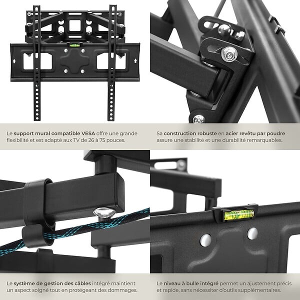 TECTAKE - Support mural TV 26"- 75" orientable et inclinable, VESA max.: 400x400, max. 100kg noir - large