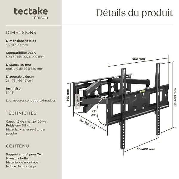 TECTAKE - Support mural TV 26"- 75" orientable et inclinable, VESA max.: 400x400, max. 100kg noir - large