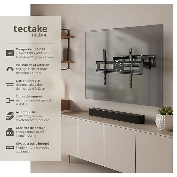 TECTAKE - Support mural TV 32"- 100" orientable et inclinable noir - large