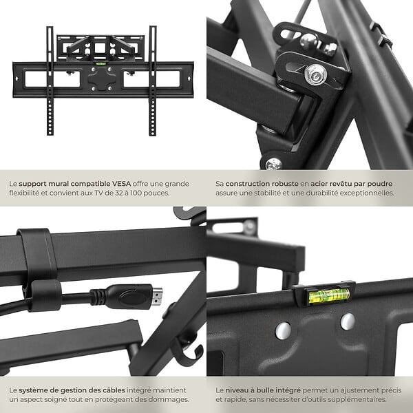 TECTAKE - Support mural TV 32"- 100" orientable et inclinable noir - large