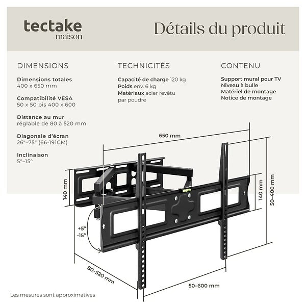 TECTAKE - Support mural TV 32"- 100" orientable et inclinable noir - large