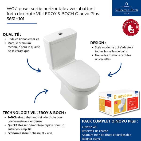 VILLEROY ET BOCH - Combi Pack O.NOVO PLUS - Sortie horizontale - Blanc- Avec abattant Soft Close blanc - large