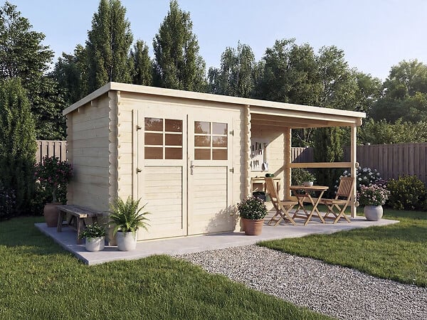 HABITAT ET JARDIN - Abri de jardin en bois avec auvent "Montval" - 14 m² - 28 mm - large