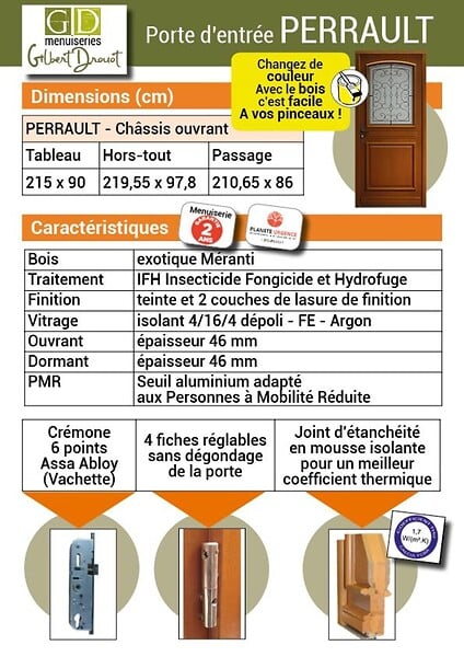 GD MENUISERIES - Porte d'entrée Bois Vitrée Perault, H215 x L90 cm Côte Tableau p.Droit - large