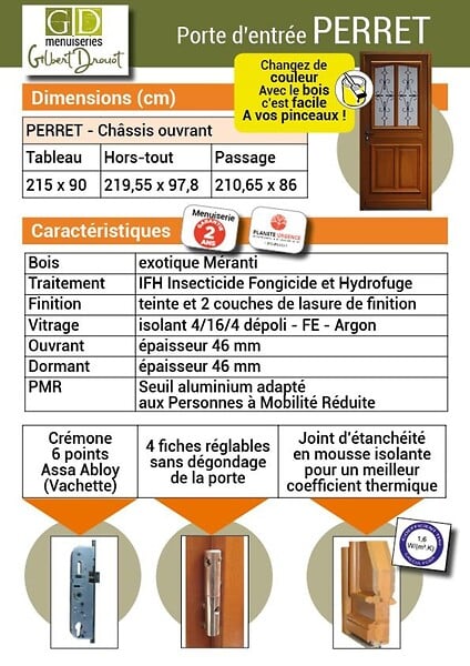 GD MENUISERIES - Porte d'entrée Bois Vitrée Perret, H215 x L90 cm Côte Tableau p.Gauche - large