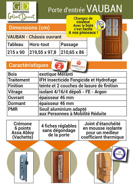 GD MENUISERIES - Porte d'entrée Bois Vitrée Vauban, H215 x L80 cm Côte Tableau p.Gauche (Poignée, Barillet ref IN158RPL2 - IN303NEW) - large