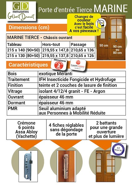 GD MENUISERIES - Porte d'entrée Tiercée Bois Vitrée Marine H215xL140 cm Côte Tableau p. Gauche - large