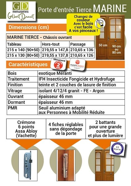 GD MENUISERIES - Porte d'entrée Tiercée Bois Vitrée Marine H215xL140 cm Côte Tableau p.Gauche (Poignée, Barillet ref IN158RPL2 - IN303NEW) - large