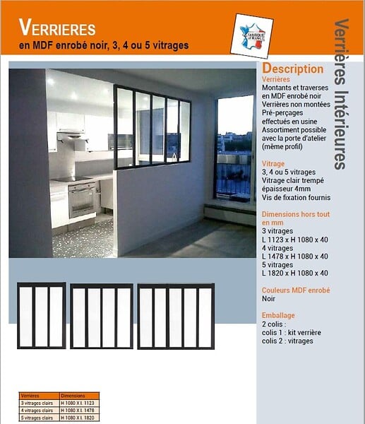 GD MENUISERIES - Verriere d'Atelier Bois MDF Noir 5 Vitrages Clairs H108 cm x L182 cm - large