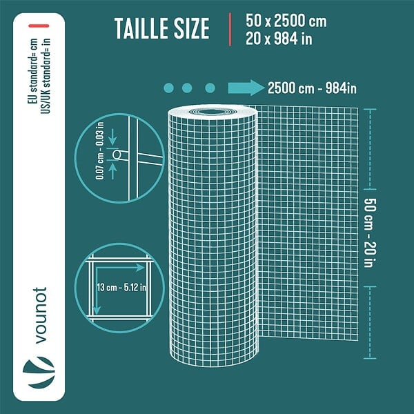 VOUNOT - Grillage a maille soude en acier galvanise 13mm fil 0.7mm 1x25m metal - large