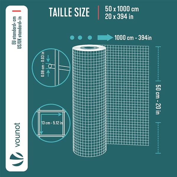 VOUNOT - Grillage a maille soude en acier gaine PVC 13mm fil 0.8mm 0.5x10m vert - large