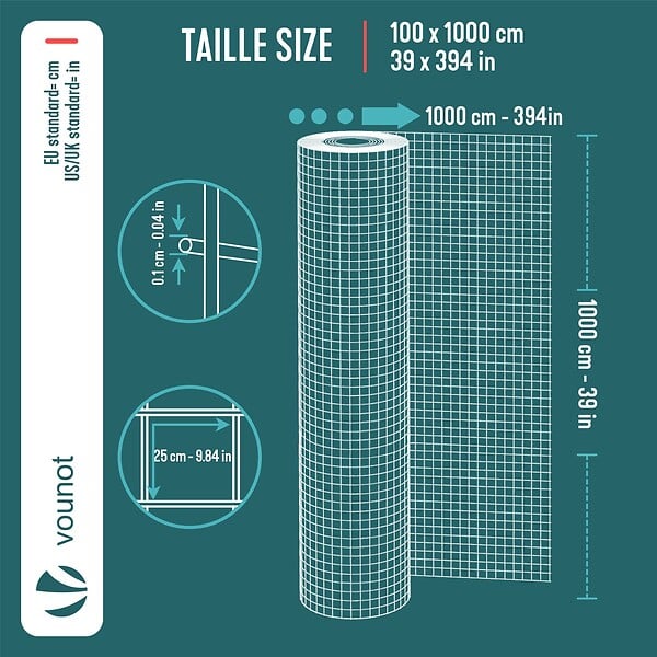 VOUNOT - Grillage a maille soude en acier gaine PVC 25mm fil 1mm 1x10m gris - large