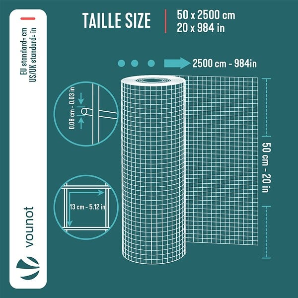 VOUNOT - Grillage a maille soude en acier gaine PVC 13mm fil 0.8mm 0.5x25m vert - large