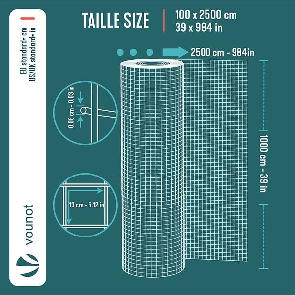VOUNOT - Grillage a maille soude en acier gaine PVC 13mm fil 0.8mm 1x25m gris - large