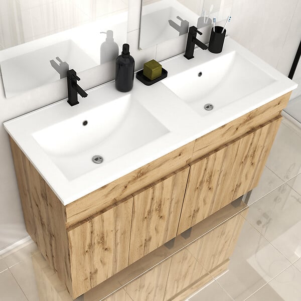 AURLANE - Meuble de salle de bains 120cm 4 Portes_Chêne Naturel + Vasque céramique blanche - TIMBER 120 - large