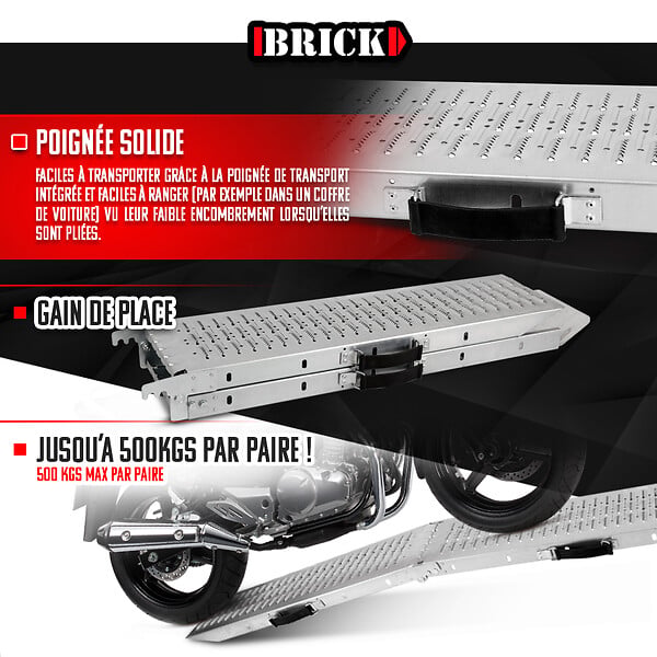 BRICK - Lot de 2 rampes pliables en acier galvanisé 160cm - Charge max 500 kg/paire - large