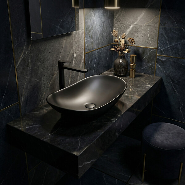 SWISS AQUA TECHNOLOGIES - Swiss Aqua Technologies Set complet vasque à poser 61,5 x 36 cm noir mat + mitigeur haut XL assorti – salle de bain moderne B-Way (SATINF61536BKM-BWAY) - large
