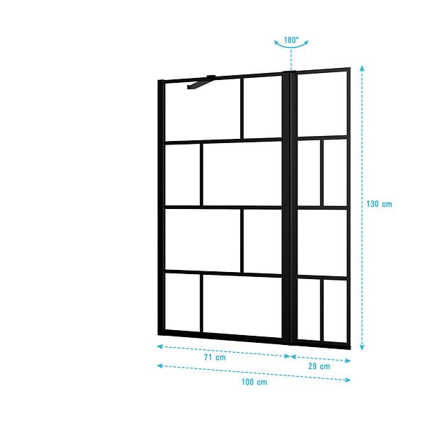 AURLANE - Pare baignoire avec volet pivotant - profile noir mat - 130x104 (HxL) - verre 5mm sérigraphié - large