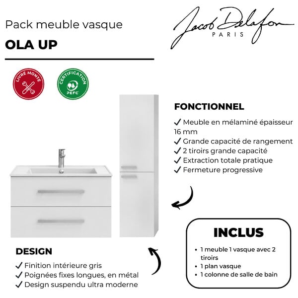 JACOB DELAFON - Pack meuble vasque 60 cm Ola up blanc + colonne - large
