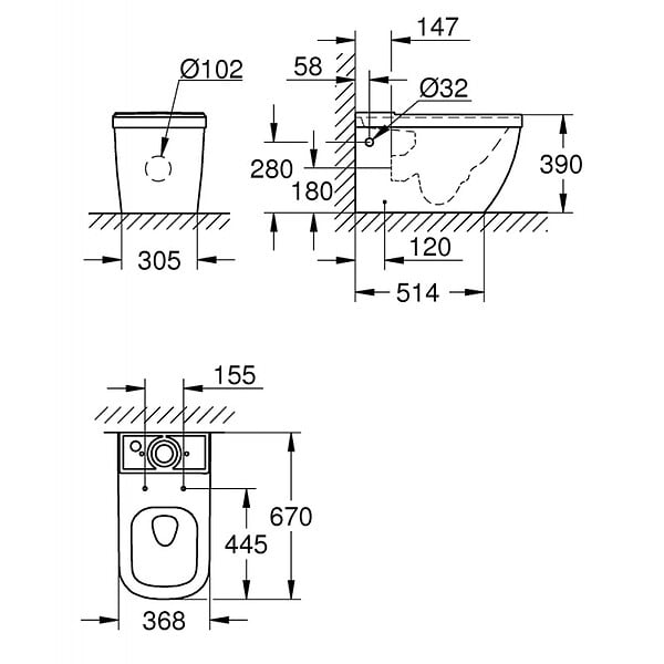 GROHE - Grohe Euro Ceramic Pack WC à poser haut de gamme, alimentation latérale et arrière - large