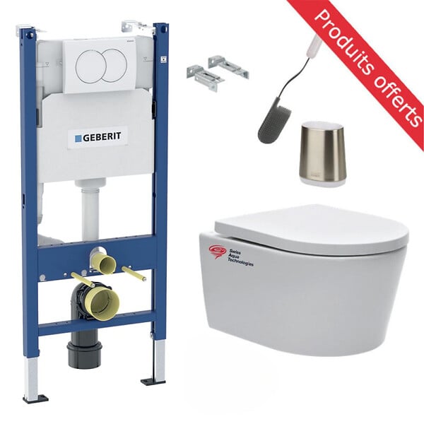 GEBERIT - Pack WC Bati-support Geberit Duofix + WC sans bride SAT + Abattant softclose + Plaque blanche + Brosse de toilette OFFERTE - large