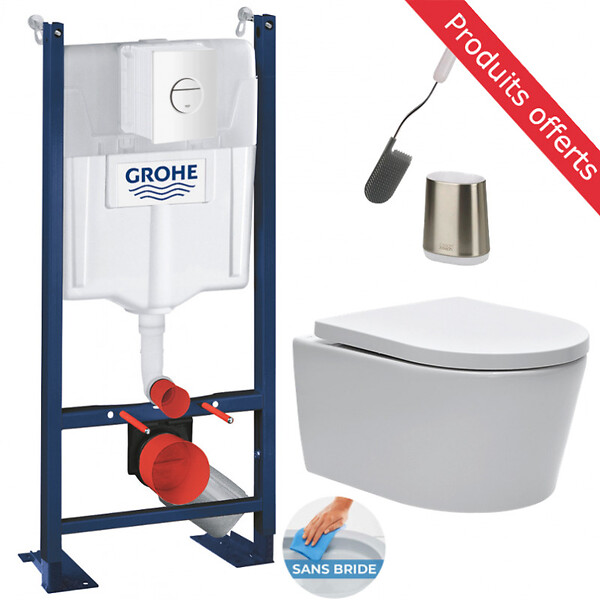 GROHE - Grohe Pack Bâti-autoportant Rapid SL + WC sans bride SAT + Abattant softclose + Plaque blanche + Brosse de toilette OFFERTE - large